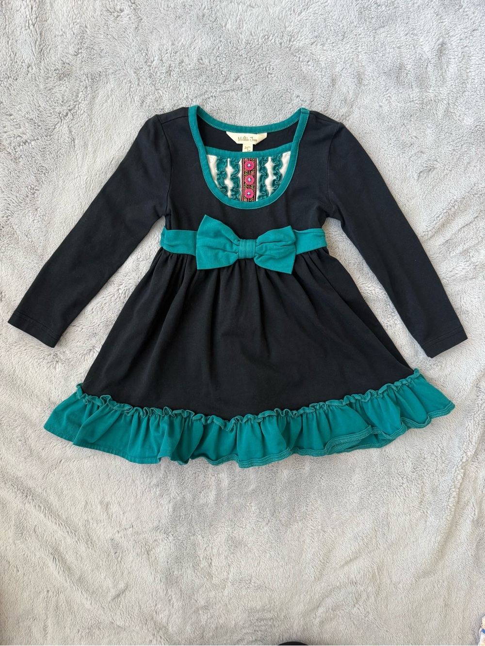 Matilda Jane Long Sleeve Black Dress with Teal Ruffle Trim and Bow